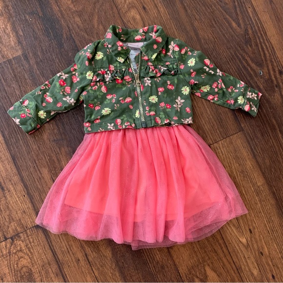 bundle 12 month baby dresses, 3 pieces, Yellow Pink Dresses, Green Jacket - Picture 2 of 8